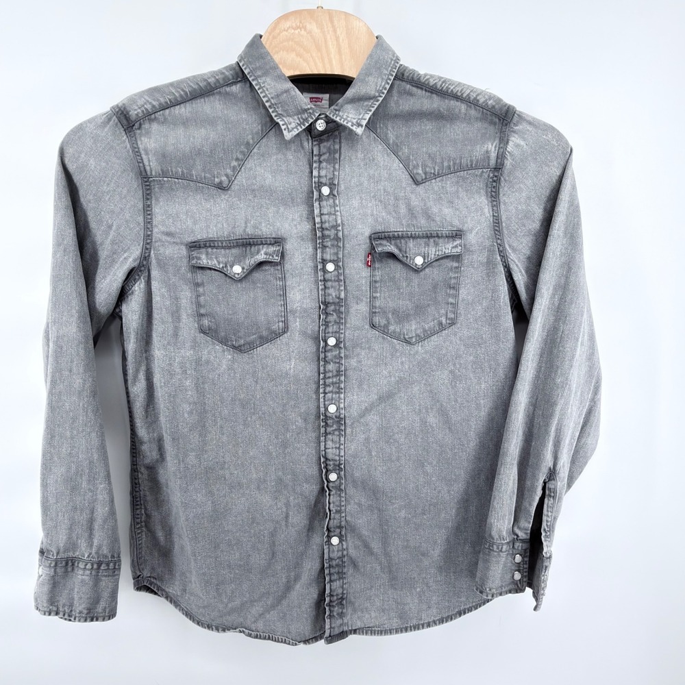 Levis Mens Large Grey Denim Pearl Snap Western Shirt Classic Standard 85745-0111